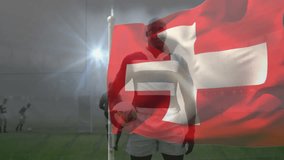 Holding rugby ball, player with Swiss flag animation on foggy field. Sports, athlete, competitive, national team, outdoor, game - Powered by Shutterstock - Get 15% off with code: PIKWIZARD15