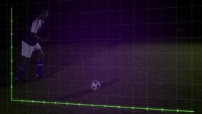 Soccer player on field with fluctuating data graph animation overlay. Sports, data analysis, technology, athlete, performance, competition - Powered by Shutterstock - Get 15% off with code: PIKWIZARD15