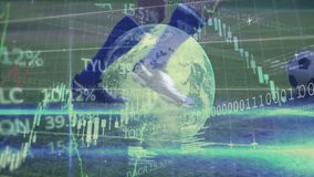 Globe and financial data animation over soccer player on field. Finance, sports, athlete, digital, economy, technology - Powered by Shutterstock - Get 15% off with code: PIKWIZARD15