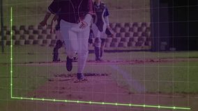 Animation of fluctuating graph over baseball players running on field in school. Sports, athletics, data, analytics, team, competition - Powered by Shutterstock - Get 15% off with code: PIKWIZARD15