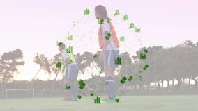 Soccer players practicing on field with financial data processing animation overlay. Sports, athletes, teamwork, technology, analysis, finance - Powered by Shutterstock - Get 15% off with code: PIKWIZARD15