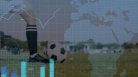 Soccer player running on field with world map and data overlay animation. Sports, athlete, technology, global, digital - Powered by Shutterstock - Get 15% off with code: PIKWIZARD15