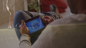 In school, person using tablet with animation overlaying financial charts. Education, technology, finance, studying, digital, innovation - Powered by Shutterstock - Get 15% off with code: PIKWIZARD15