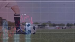 Kicking soccer ball on grassy field, financial graph animation overlay visible. Sport, finance, growth, analytics, teamwork, investment - Powered by Shutterstock - Get 15% off with code: PIKWIZARD15