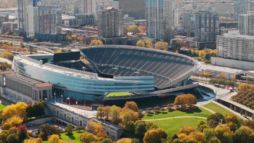 Aerial shot of stadium in downtown Chicago during autumn.