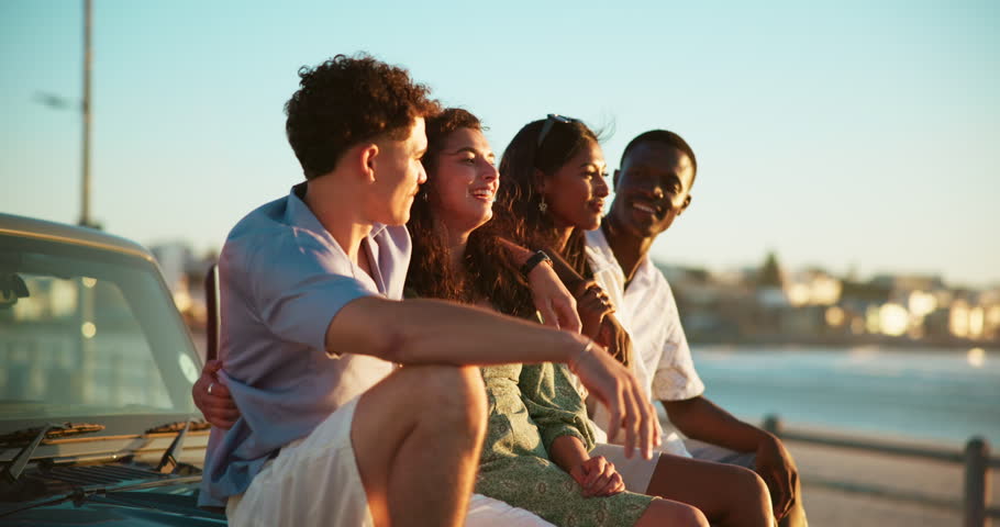 Beach, car and couple of friends with laughing for travel adventure, sightseeing nature and journey break. Happy, people and holiday road trip on promenade for bonding, funny conversation or sea view