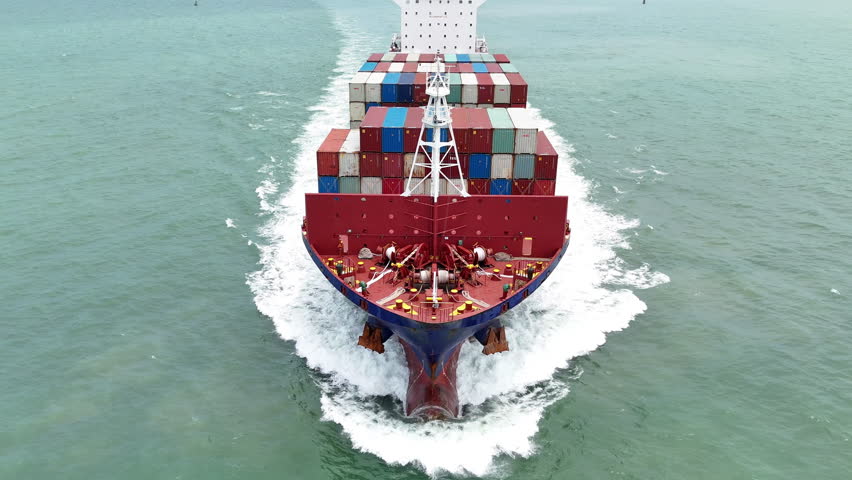 cargo container ship fright import export container box concept transportation logistics and service to customer and supply change. Vessel ship full load container shipping. Front View	
