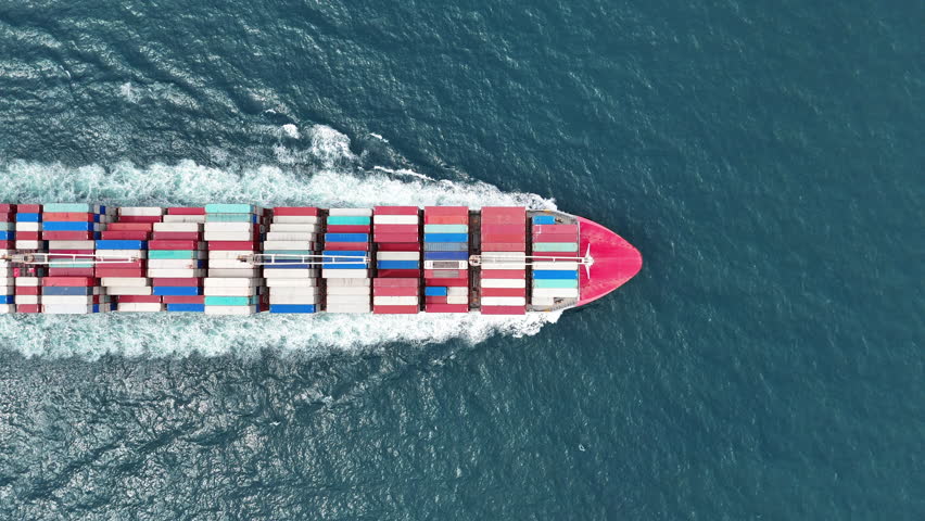 cargo container ship fright import export container box concept transportation logistics and service to customer and supply change. Vessel ship full load container shipping. Top View	
