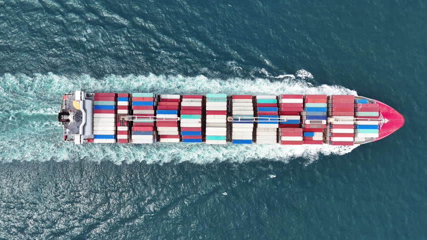 cargo container ship fright import export container box concept transportation logistics and service to customer and supply change. Vessel ship full load container shipping. Top View	
