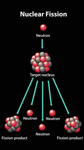 Animation illustrates nuclear fission with neutrons impacting a nucleus, causing division into smaller nuclei and releasing energy