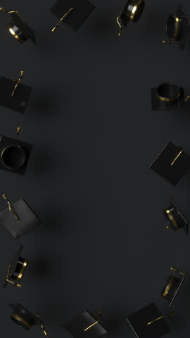 Random rotating graduation black caps with copy space. Education, diploma award, degree ceremony concept. 3d render looped 4k vertical animation.