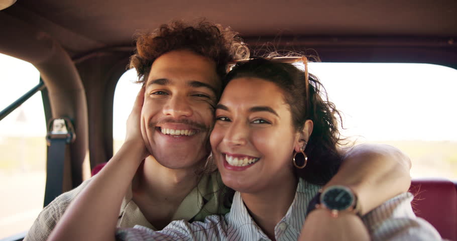 Couple, selfie and crazy face in car for road trip, holiday travel or love in relationship. Man, woman and excited on journey for photography fun, social media or live stream POV for content creation