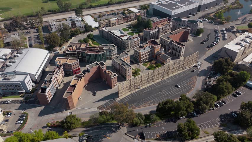 Scenic Aerial View of Urban Film Set with Faux Architecture in Los Angeles