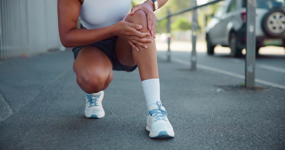 Fitness, runner and hands with knee pain outdoor with joint ache, running accident and sports injury. Athlete, woman and exercise mistake with leg tension, inflammation and muscle sprain on sidewalk