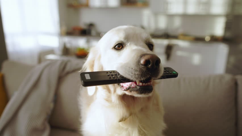 Family is favorite pet is sitting on couch in living room. Golden Retriever pet sits on the couch with the TV remote control in his mouth and waits for the owner to turn on his favorite show.