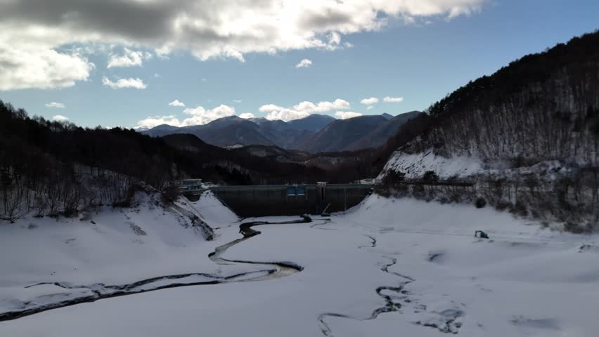 Winter aerial movie frozen Sugadaira lake in Japan