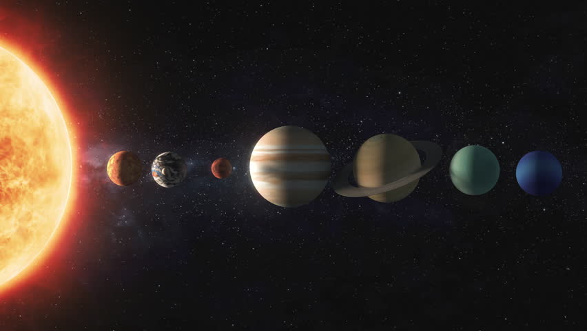 Solar system model. The Sun and planets with its characteristics,. 3D Illustration