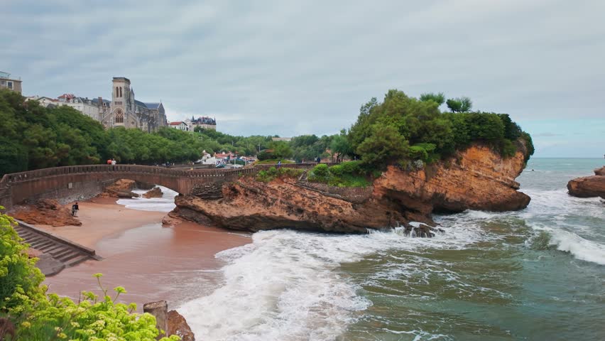 Beautiful coast of Biarritz, France, on the Bay of Biscay. Scenic Atlantic shoreline with stunning views. Steadicam revealing footage.
