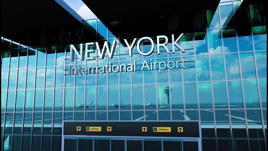 Airlane landing at New York, USA. Arrival in the city with reflection of airport and aircraft