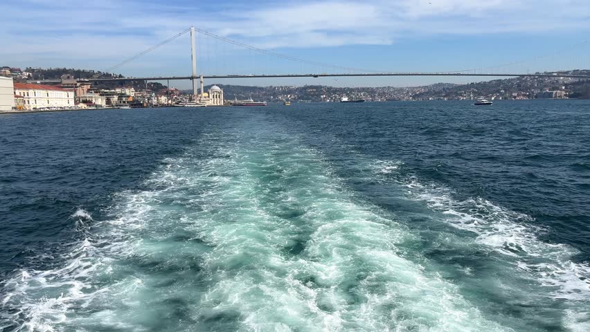 View of the movement of the Bosphorus water from the back of a sailing ship, Istanbul