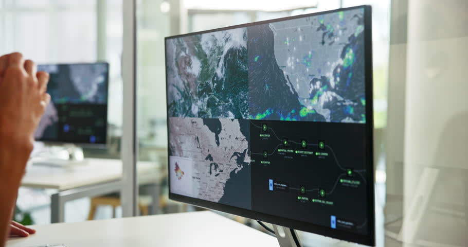 Hands, people and computer screen with weather report, map and climate change expert. Closeup, coworking and employees in workplace, pc and research for meteorology, warning or update for tornado