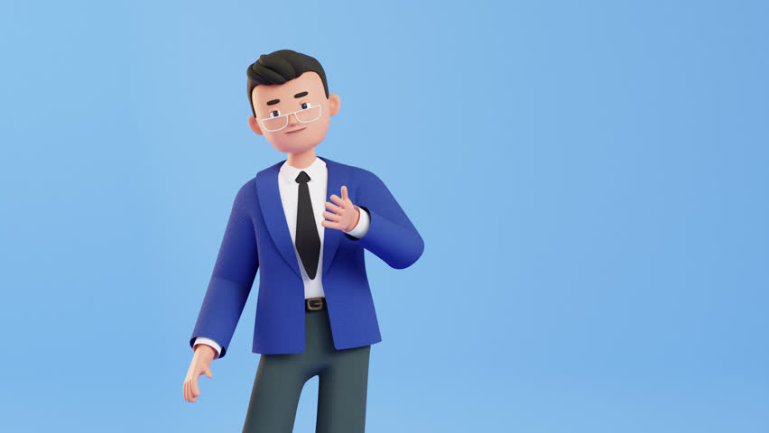 Businessman making a 'come on' gesture, inviting someone to come closer or follow him. 3d render, looped character animation. Business, leadership, communication, and guidance concepts
