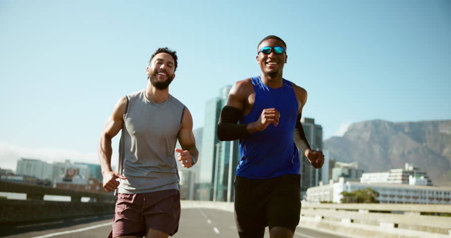 Running, friends and men with fist bump, fitness and motivation for routine in morning, support and exercise. Outdoor, athlete and gesture for encouragement on workout, wellness and active for sport