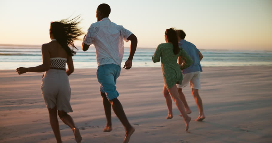 Running, beach and friends with vacation, back and travel with cardio, bonding together and excited. People, seaside and men with women, ocean and happiness with nature, summer holiday and Zanzibar