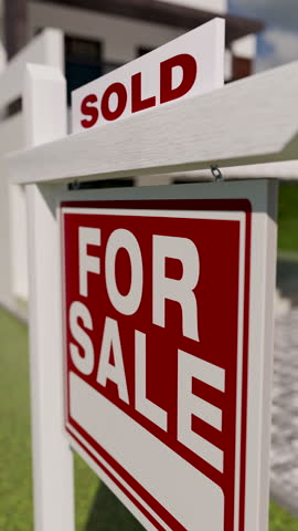 Vertical Sold For Sale Real Estate Sign In Front Of New Contemporary House.