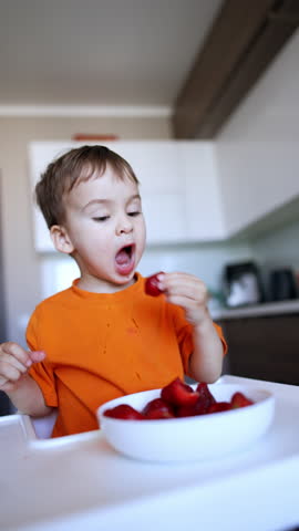 Adorable Caucasian toddler in orange t-shirt shoves a strawberry into his mouth. Close up portrait of a nice kid eating healthy fruit. Vertical video.