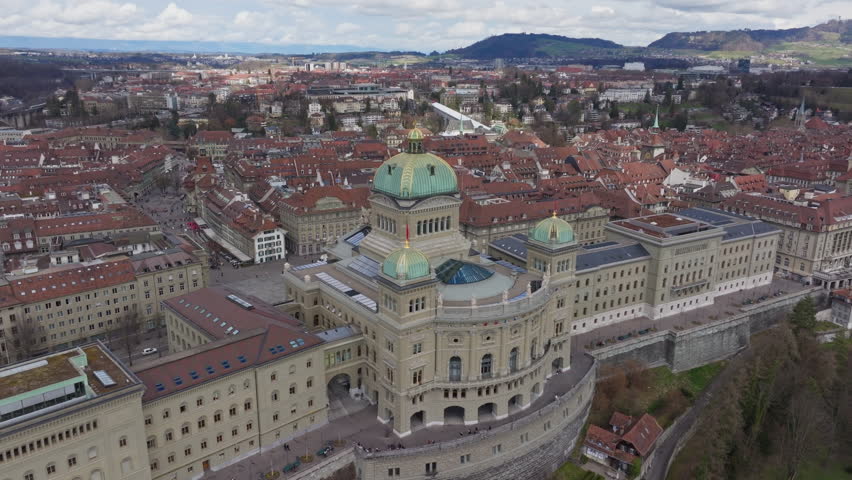 Aerial view of the Bern Federal Palace in Switzerland, Swiss Federal Assembly and Federal Council, classic architecture and surrounding cityscape