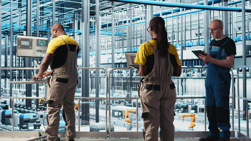 Engineering team working in smart factory, collecting and analyzing data. Teamworking colleagues using tracking software in industry 4.0 industrial plant equipped with advanced sensors, camera A - Powered by Shutterstock - Get 15% off with code: PIKWIZARD15