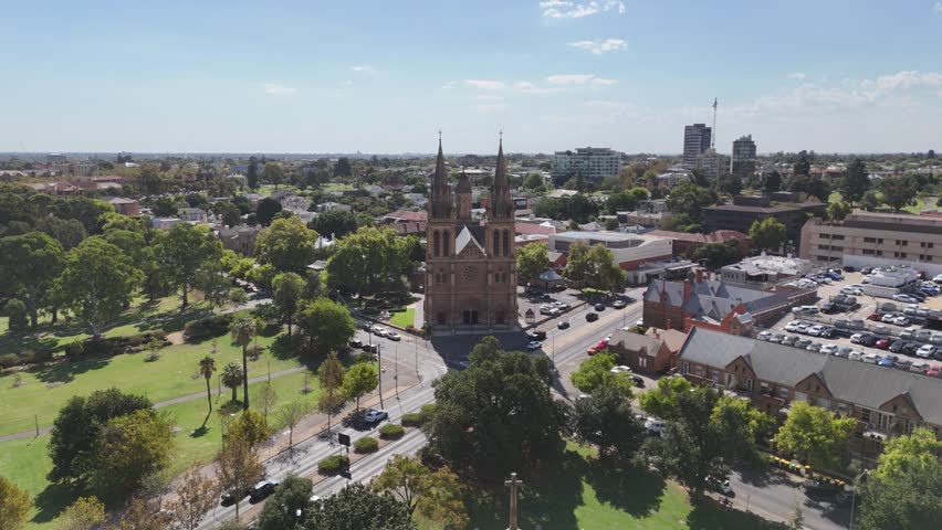 St Peter’s Cathedral, Adelaide CBD, South Australia – Stunning 4K Aerial Footage Featuring the Cathedral, Surrounding Parklands, Ataturk Monument, Cross of Sacrifice
