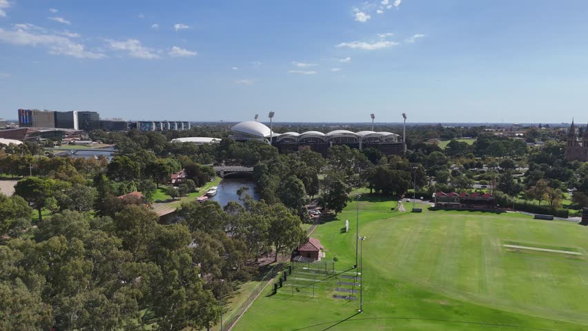 Adelaide CBD, South Australia – 4K Aerial Drone Footage Featuring Adelaide Oval Stadium, City Skyline, River Torrens, Parklands, Roads, and Urban Architecture