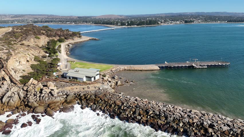 Granite Island, Victor Harbor, South Australia – 4K Aerial Drone Footage Featuring Rugged Coastline, Walking Trails, Bay Views, Ocean Waves, Jetty, and Seaside Landscapes of the Fleurieu Peninsula