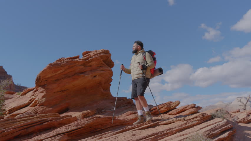 An African American male hiker stands proudly atop the stunning red rocks of Zion National Park, showcasing the breathtaking beauty of nature and the exhilarating thrill of travel and exploration
