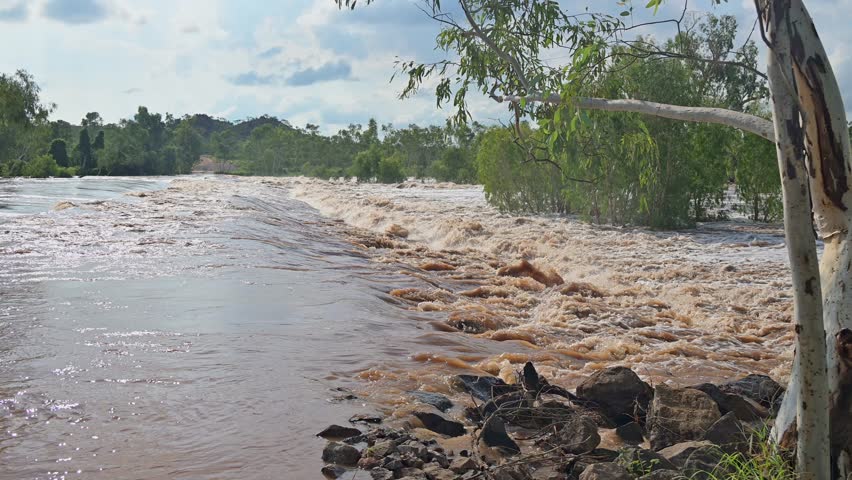 Cloncurry River in flood flooded, outback Australia Western Queensland, climate weather rain rainfall