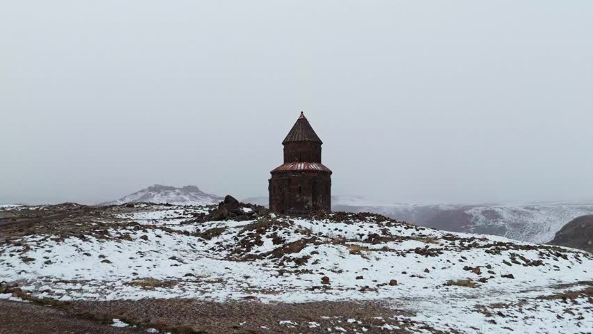 Aerial view of Kars historical Ani Ruins region in winter