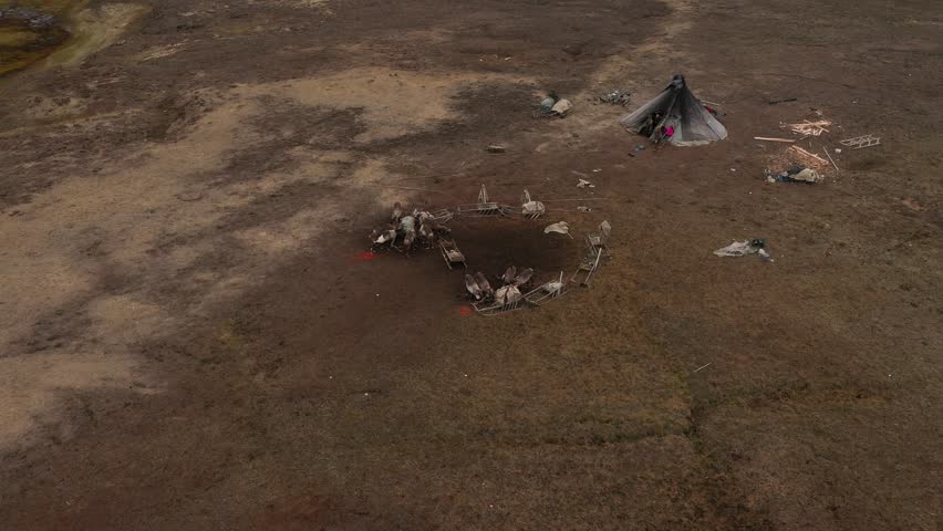 A view from above of the temporary dwelling of the northern peoples in the Tundra. Infrastructure of the indigenous peoples of the north