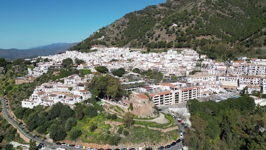 aerial view of the beautiful Mediterranean village of Mijas on the Costa del Sol of Malaga, Spain.