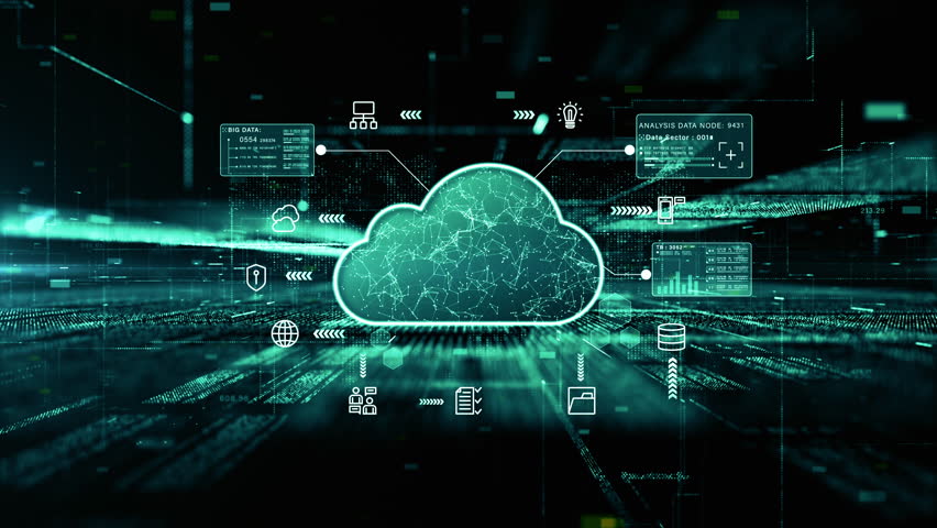 Digital cloud icon with data connections and futuristic interface elements representing cloud computing and data storage systems. Technology digital network protection and big data analytics - Powered by Shutterstock - Get 15% off with code: PIKWIZARD15