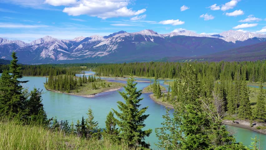 Summer Landscape of Athabasca River with Sandbars and Forest in the Canadian Rockies. Jasper National Park, Alberta, Canada