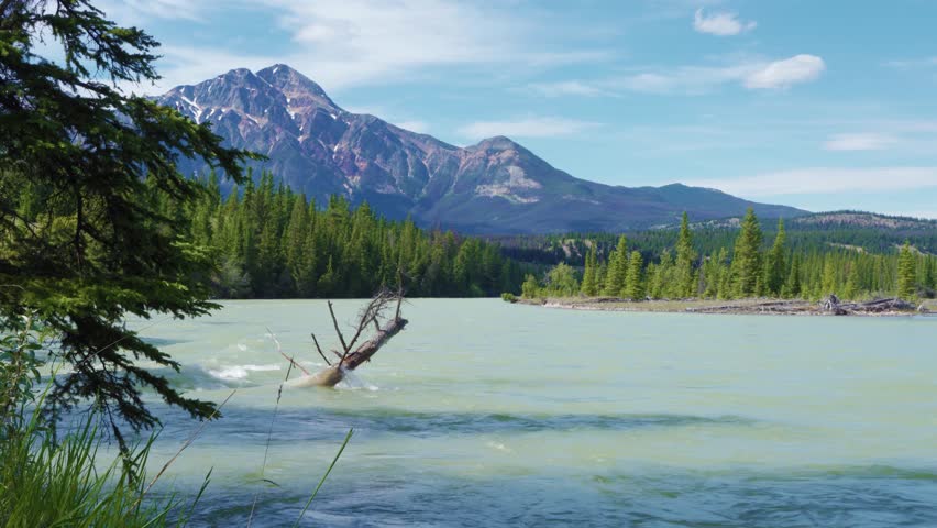 Athabasca River Flowing Through Jasper National Park, Alberta, Canada. Breathtaking Scenic View in the Canadian Rockies. Pyramid Mountain