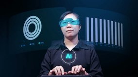 women in black shirt types on a keyboard, with transparent data charts and analytics displayed in a high-tech overlay. - Powered by Shutterstock - Get 15% off with code: PIKWIZARD15