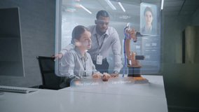 Futuristic Office: Two Diverse Engineers Working on Advanced Robotic Arm Using Augmented Reality Technology. Holographic Interface Display with AI Assistant and Data Analysis. High-Tech Innovation. - Powered by Shutterstock - Get 15% off with code: PIKWIZARD15