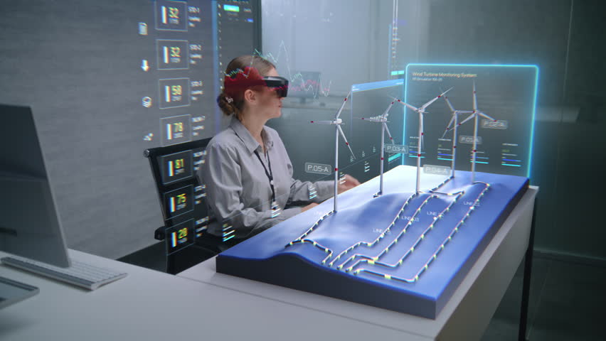 Advanced Office: Female Professional Wearing VR Headset Uses Augmented Reality 3D Hologram to Visualize Wind Farm and Renewable Energy Transmission. Visualization of AI-based Software Interface. - Powered by Shutterstock - Get 15% off with code: PIKWIZARD15