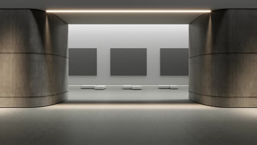Minimalist Modern Art Gallery - Spacious White Interior with Large Dark Gray Canvases, Low Seating Clean Architectural Lines for Sophisticated Exhibition or Design Concepts