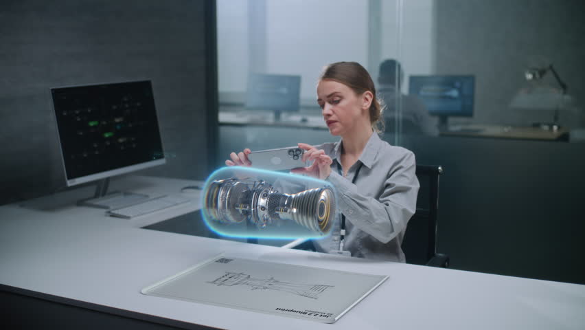 Female Engineer Uses Smartphone to Visualize 3D Holographic Model of Renewable Energy Engine in Futuristic Office. Advanced AI-based Design Software for Virtual Visualization Using Augmented Reality. - Powered by Shutterstock - Get 15% off with code: PIKWIZARD15