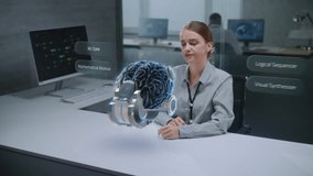 Female Engineer Uses Advanced Augmented Reality to Visualize 3D Holographic Model of Cybernetic Brain in Futuristic Office. Virtual Visualization of Artificial Intelligence Based Software Interface. - Powered by Shutterstock - Get 15% off with code: PIKWIZARD15