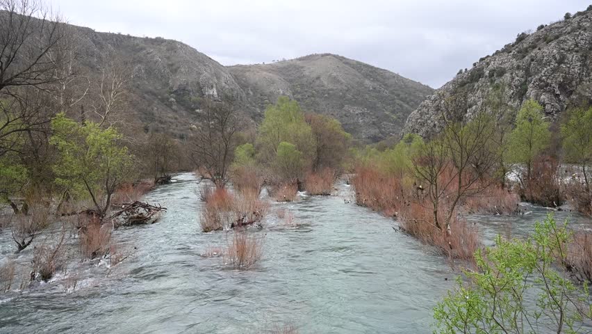 A swollen river. Floods in the spring. A lot of water flows in the river.